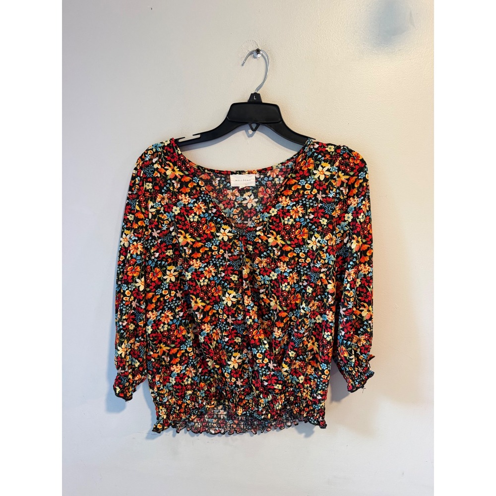 Melloday Floral Surplice Smocked Hem Blouse CET213638-TM Black Red Small